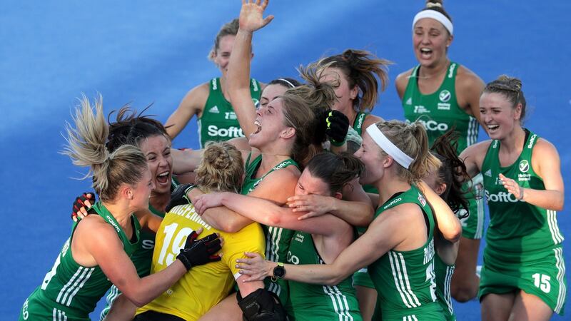 Ireland players celebrate their victory over India in the quarter-finals of the Hockey World Cup in London. Photograph:  Kate McShane/Getty Images