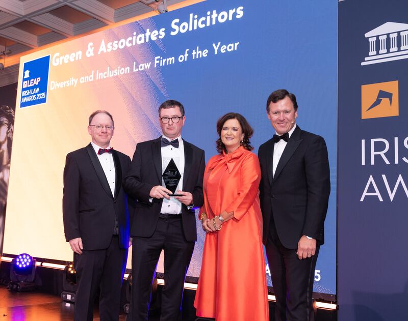 Richard Hammond, solicitor and partner at Hammond Good LLP and chair of the judging panel of the Leap Irish Law Awards; Dylan Green from Green & Associates Solicitors; Rosemarie Loftus, joint managing partner at Bourke Carrigg & Loftus and judge of the Leao Irish Law Awards; and Anton Savage, MC of the night. Photograph: Paul Sherwood