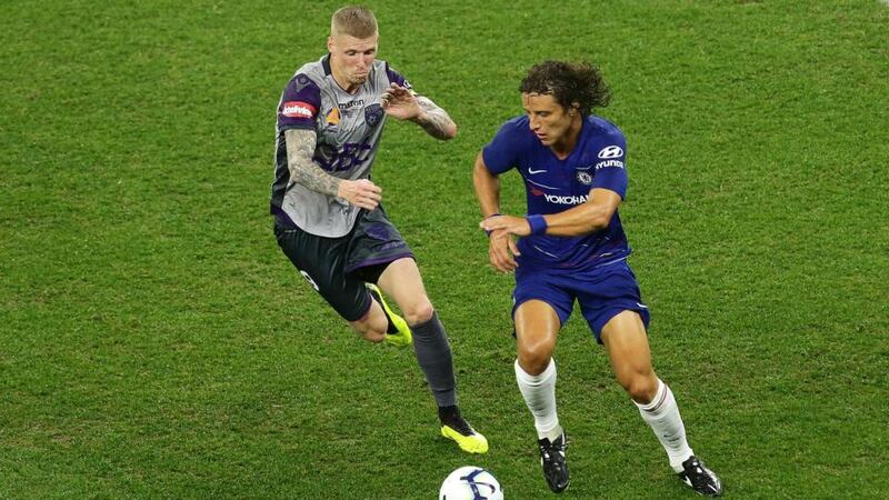 Andy Keogh in action for Perth Glory against David Luiz of Chelsea during a friendly match in at Optus stadium in Perth in July 2018. Photograph: Will Russell/Getty Images