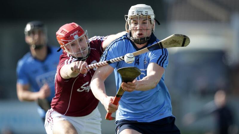 Dublin’s Liam Rushe is tackled by Iarlaith Tannian of Galway during the game at Parnell Park. Photograph: Morgan Treacy/Inpho.