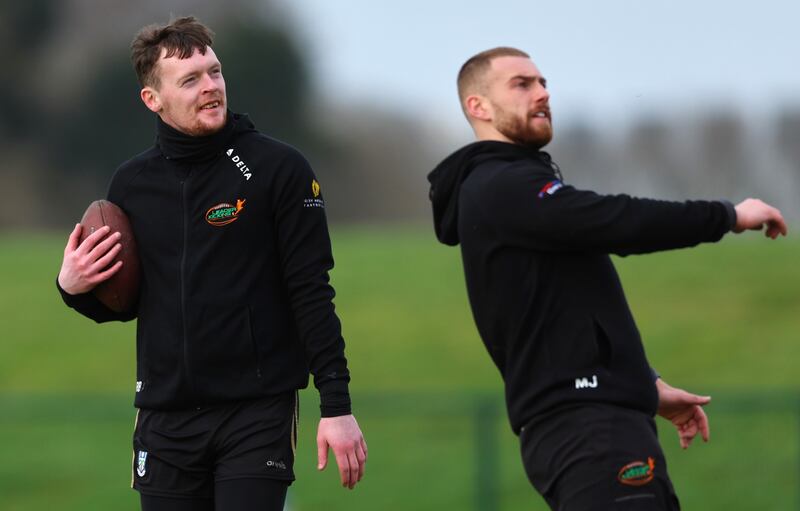 Rory Beggan watches Wicklow goalkeeper Mark Jackson go through his kicking routine at Abbotstown. Beggan is the highest-profile Irish candidate among the Irish quartet. The 31-year-old Monaghan man is one of the top goalkeepers in the country. 