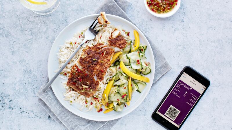 Dining options onboard this month include Skehan’s charred cod with spicy mango salad and nam jim dressing