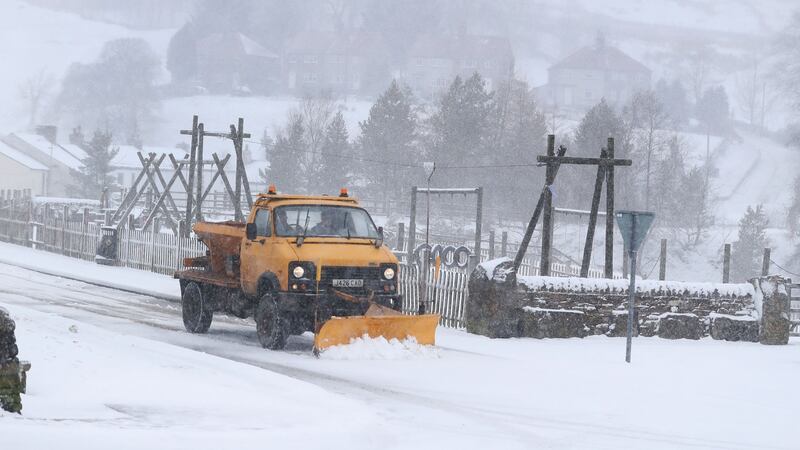 Roads are cleared in Nenthead, Cumbria, as five weather warnings are in place in the UK as heavy rain and snow blight swathes of the country on Easter Monday. Photograph: PA