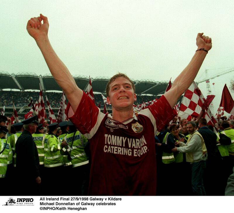 Michael Donnellan celebrates Galway's win over Kildare in 1998. His scintillating run in that game set up a memorable point for Seán Óg de Paor. Photograph: Keith Heneghan/Inpho 