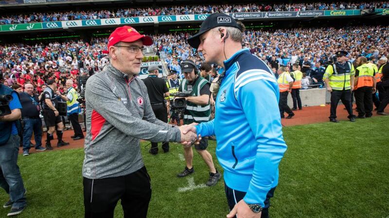 Rival managers: Mickey Harte of Tyrone and Jim Gavin at last month’s All-Ireland semi-final. Photograph: Ryan Byrne/Inpho