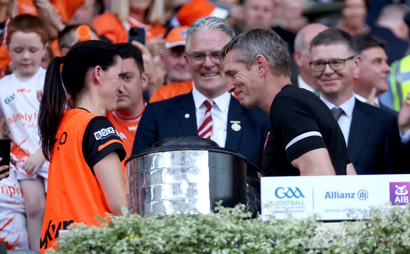 Armagh's manager Kieran McGeeney and his wife Maura after his team had won the All Ireland. Photograph: James Crombie/Inpho