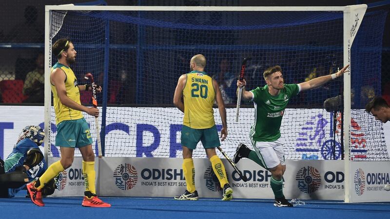 Shane O’Donoghue celebrates scoring Ireland’s equaliser against Australia. Photograph: Charles McQuillan/Getty