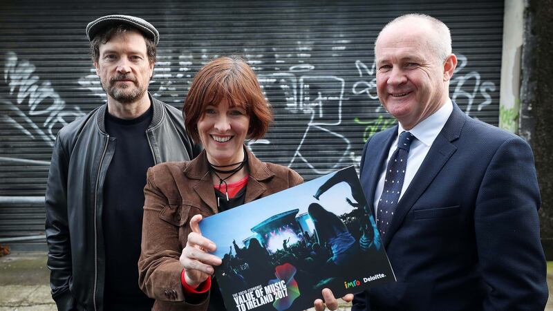 Musician Steve Wall, musician and chair of Imro Eleanor McEvoy  and Imro CEO Victor Finn at the launch of a new report, The Socio-Economic Value of Music to Ireland. Photograph: Robbie Reynolds