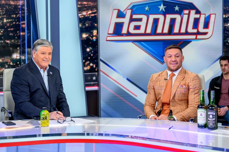 Sean Hannity with Conor McGregor at Fox News Channel Studios last March. McGregor received a journalistic sponge-bath that left him spotless. Photograph: Roy Rochlin/Getty Images