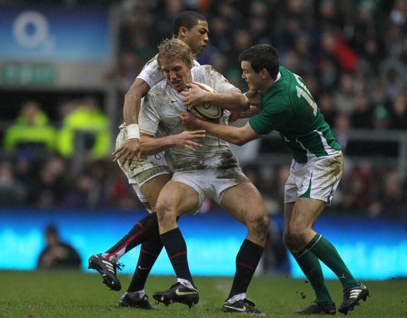 England's Lewis Moody is tackled by Johnny Sexton of Ireland during the 2010 Six Nations match at Twickenham. Photograph: Billy Stickland/Inpho