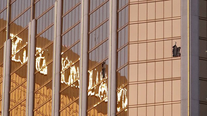 Broken windows  a high floor in the Mandalay Bay hotel facing the scene of the mass shooting at the Route 91 Harvest festival on Las Vegas Boulevard in Las Vegas, Nevada. Photograph: Paul Buck/EPA