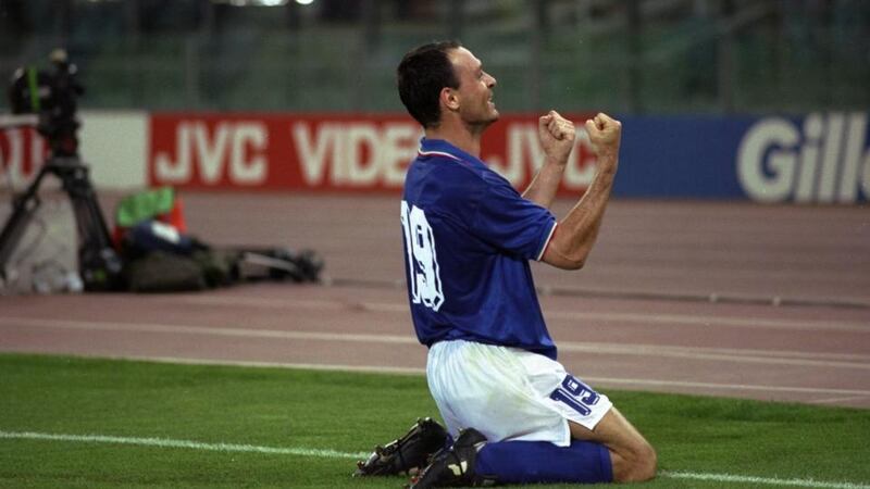 Salvatore ’Toto’ Schillaci of Italy celebrates his winning goal against Ireland. Photograph: Billy Stickland/Inpho