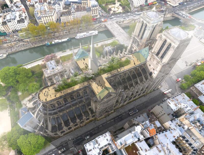 A new Notre-Dame?: Clément Willemin’s proposal features an open roof and garden. Illustration: Clément Willemin/Base via New York Times