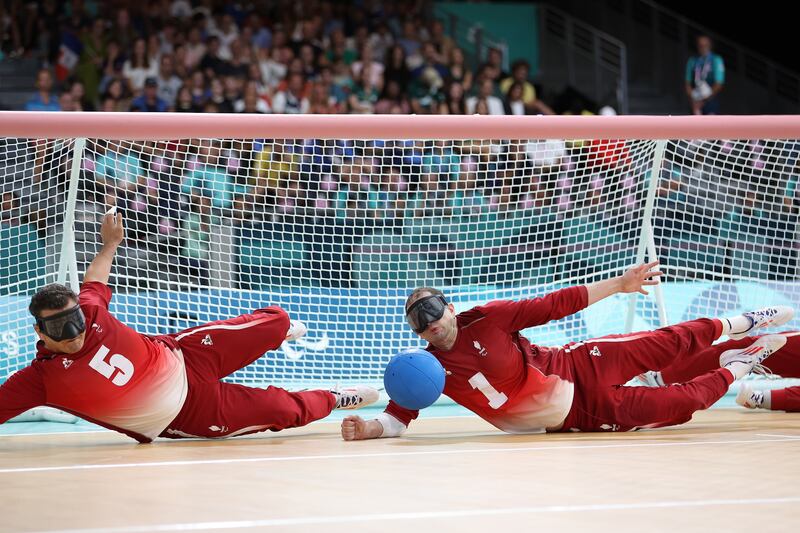 Haris Neimarlija (#1) of France makes a save during the men's preliminary round Pool A goalball match against Brazil on day one of the Paralympic Games at South Paris Arena. Photograph: Michael Steele/Getty Images