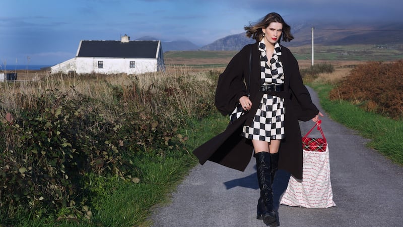 Dress, €149; belt,€69.99; bag €139.99, all & Other Stories; Coat J W Anderson, jwanderson.com, €1,150 , boots Mango, €149