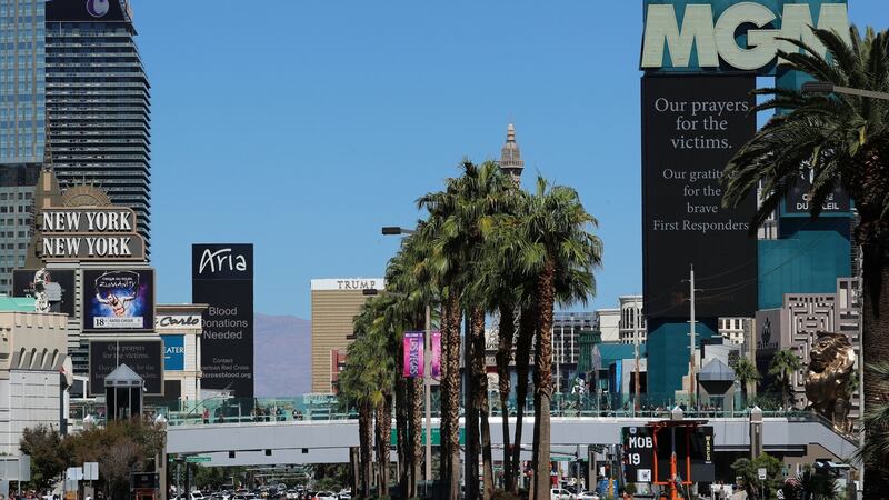 A request for blood donations sign and a condolences sign  on various hotels near the scene of a mass shooting at the Route 91 Festival in Las Vegas, Nevada. Photograph: Mike Blake/Reuters