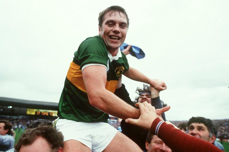 Kerry captain Páidí Ó Sé is congratulated by  manager Mick O'Dwyer after the 1985 All-Ireland final. Photograph: Billy Stickland/Inpho