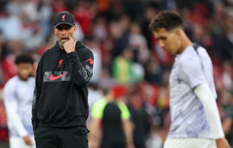 Jurgen Klopp looks on during his side's disappointing night at Old Trafford. Photograph: Clive Brunskill/Getty Images