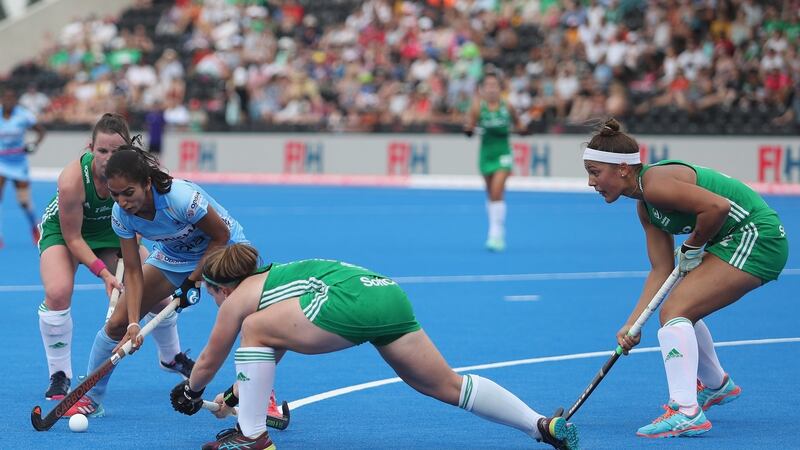 Ireland’s Elena Tice (right) in action against India. Photograph:  Christopher Lee/Getty Images