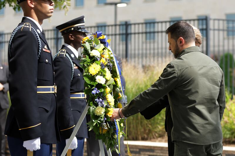 Volodymyr Zelenskiy lays a wreath at the National Pentagon 9/11 Memorial in Arlington, Virginia. Photograph: Alex Wong/Getty Images