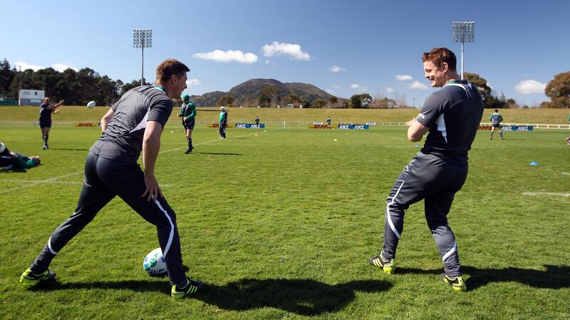 Ronan O’Gara and Brian O’Driscoll at Ireland Rugby squad training in New Zealand for the  2011 Rugby World Cup. Photograph: Dan Sheridan/Inpho