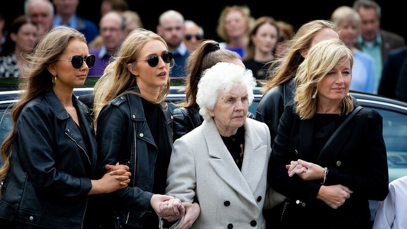 Fr Tony Coote’s mother Patricia arriving  with other family members at the Church of St Thérèse, Mount Merrion. Photograph: Tom Honan