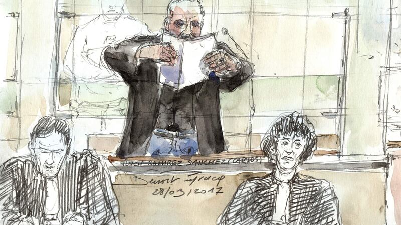 Courtroom sketch  shows Ilich Ramirez Sanchez, aka Carlos (C), his wife and lawyer Isabelle Coutant-Peyre (right) and his other lawyer Francis Vuillemin (left) during his trial for the deadly bombing at Publicis Paris shop more than 40 years ago. Pictures: Benoit Peyrucq/AFP/Getty Images
