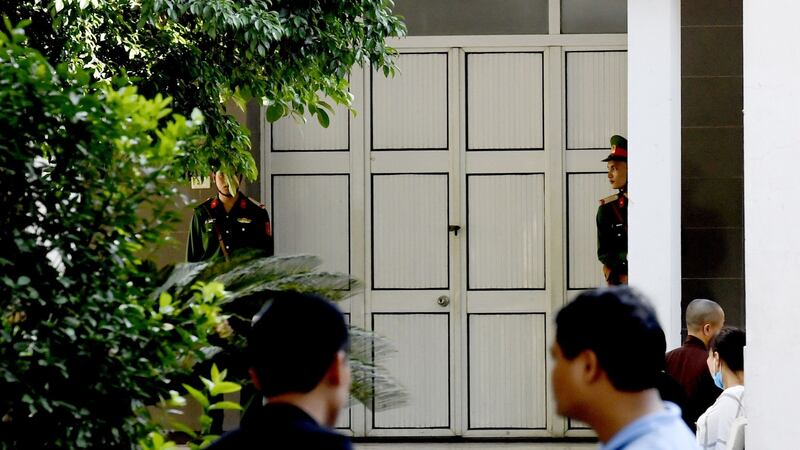 Two Vietnamese soldiers stand guard outside a morgue, where the body of Vietnam’s President Tran Dai Quang is believed to be kept. Photograph:  Photograph: AFP