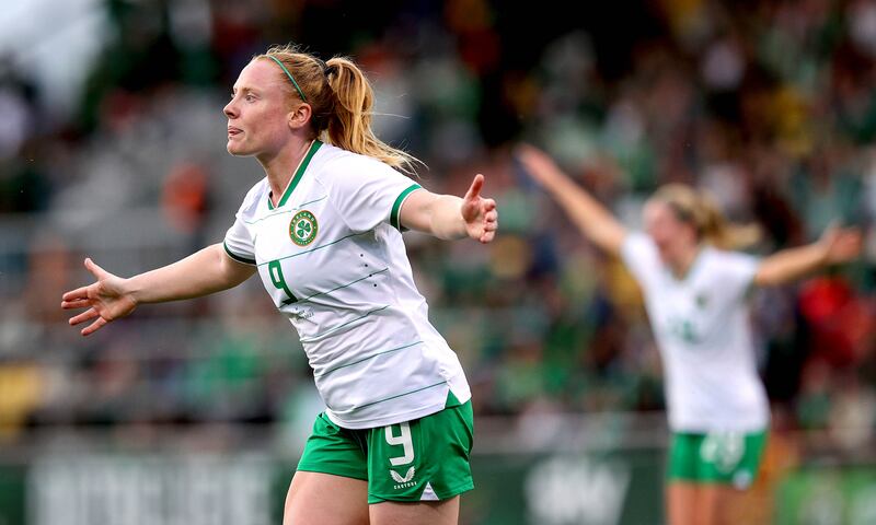Amber Barrett celebrates scoring against Zambia. Photograph: Ryan Byrne/Inpho