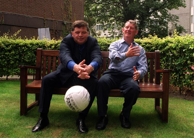 Galway manager John O'Mahony with Leitrim manager Joe Reynolds at a press conference ahead of the 2000 Connacht football final. Photograph: Lorraine O'Sullivan/Inpho