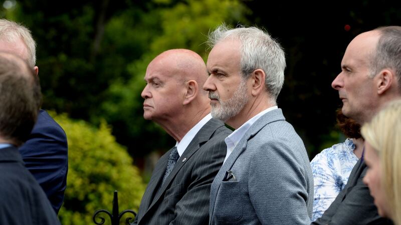 Pat Carey (L),former Fianna Fáil politician, and Colm O’Gorman, executive director of Amnesty International Ireland at the funeral of Noel Whelan. Photograph: Alan Betson/The Irish Times