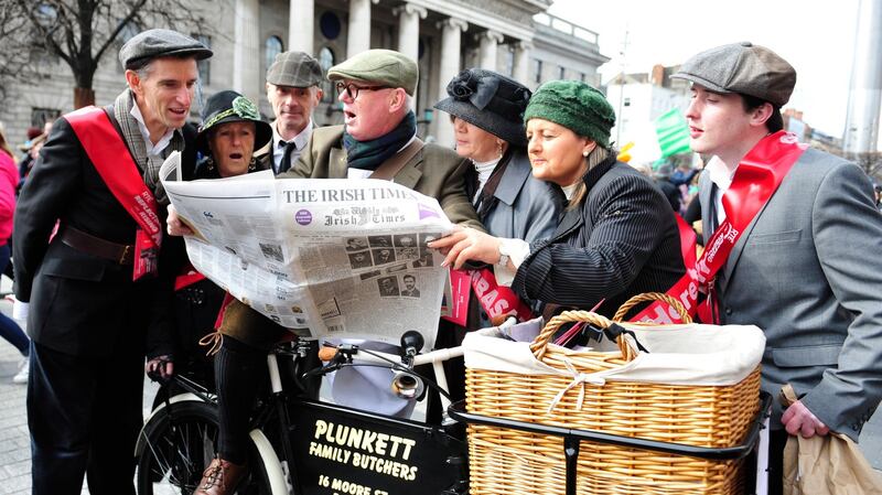 Joseph Burke, Mary Kennedy, Tomas Febvre, Brenadan Plunkett, Teresa Farrell and Maureen McDermott and Brian Murphy in period costume outside the GPO. Photograph: Aidan Crawley