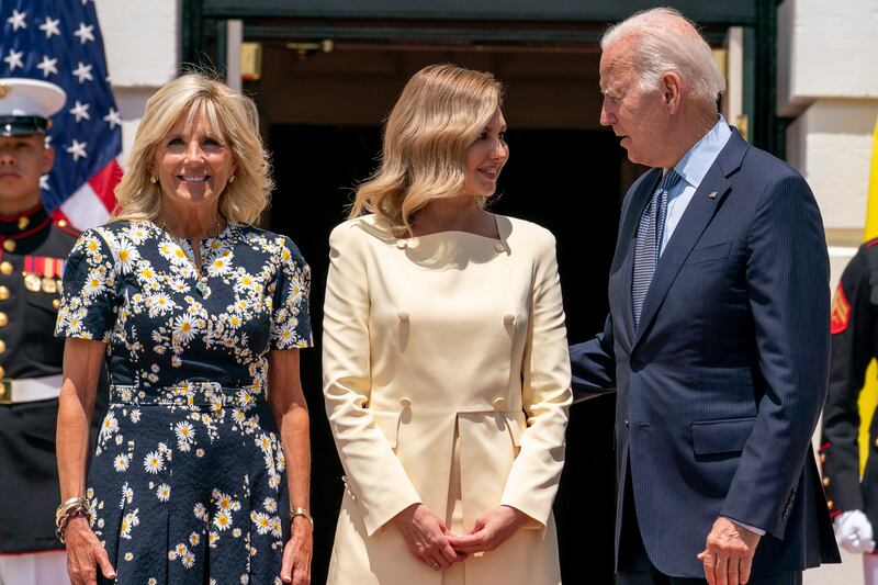 US president Joe Biden and first lady Jill Biden greet Olena Zelenska at the White House. Photograph: Andrew Harnik/AP