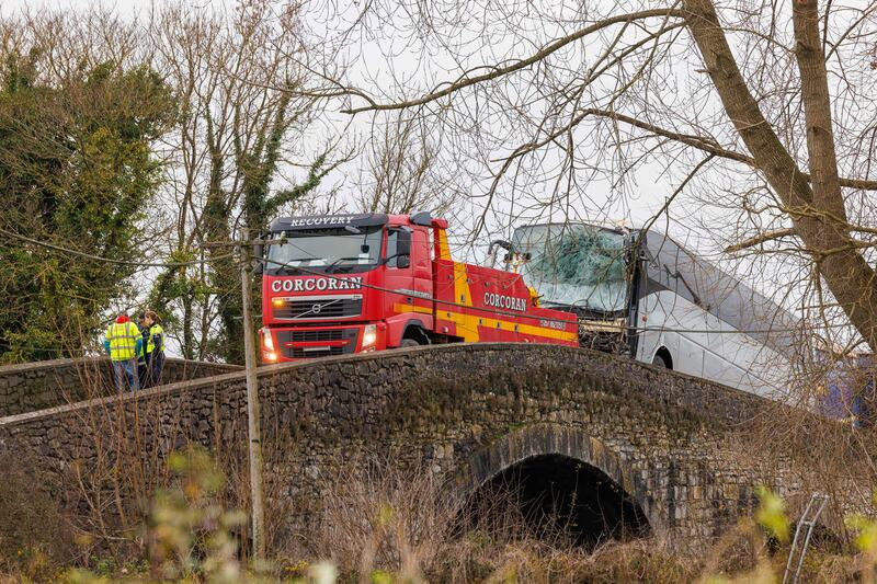 The damage bus was towed from the scene of the incident. Photograph: Dylan Vaughan