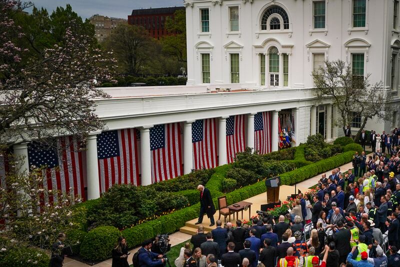 US president Donald Trump departs after signing executive orders imposing tariffs on imported goods during a "Make America Wealthy Again" trade announcement event in the Rose Garden at the White House Photograph: Getty Images