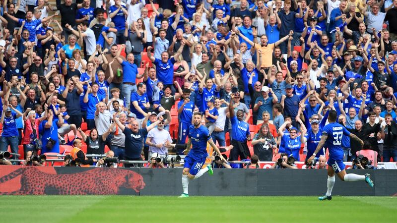 Chelsea’s Olivier Giroud celebrates scoring his side’s first goal of the game during the FA Cup semi-final win over Southampton. Photo: Adam Davy/PA Wire