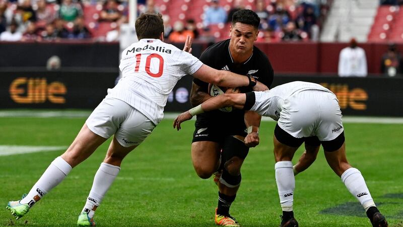 USA outhalf Luke Carty tackles New Zealand’s   Quinn Tupaea during the Test match at FedEx Field in Landover, Maryland. Photograph: Andrew Caballero-Reynolds/AFP via Getty Images