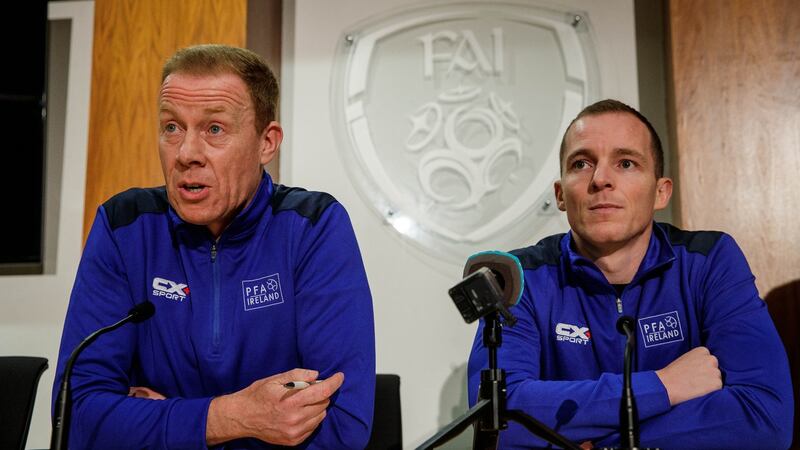 PFAI general secretary Stephen McGuinness and manager Derek Pender at the launch of this year’s training camp for out-of-contract Airtricity League players. Photograph: Ryan Byrne/Inpho