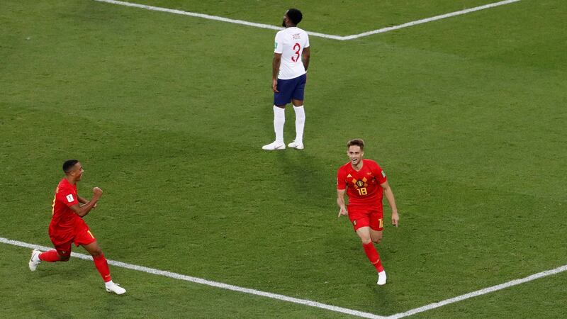 Adnan Januzaj celebrates scoring Belgium’s goal.  Photograph: Gonzalo Fuentes/Reuters