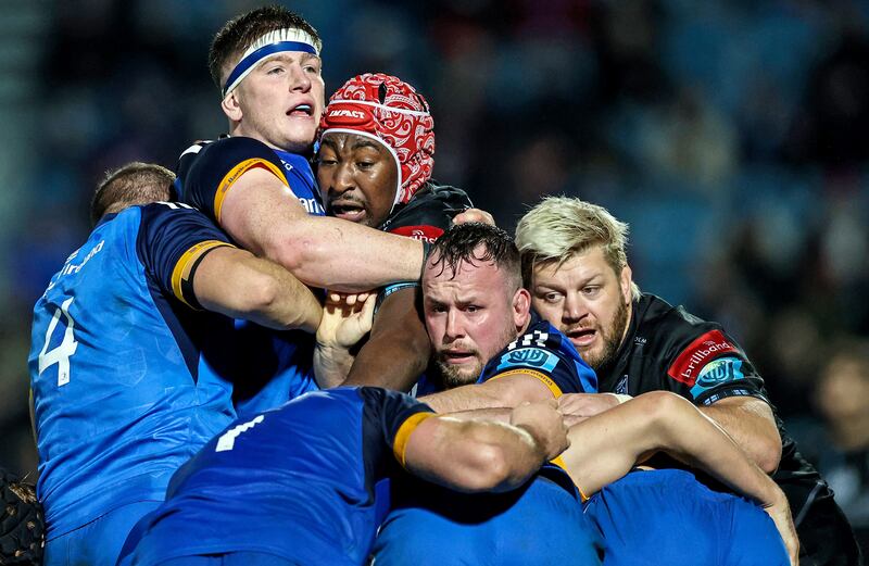 Leinster's Joe McCarthy and Ed Byrne  in action against Glasgow's Sintu Manjezi and Oli Kebble at the RDS. Photograph: Billy Stickland/Inpho