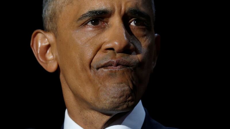 US president Barack Obama staves off tears as he delivers his farewell address in Chicago, Illinois. Photograph: Reuters