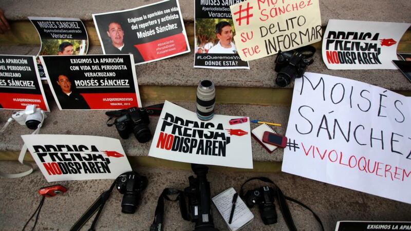 Items left by journalists who had been demanding Sánchez’s release. Photographs: Felix Marquez