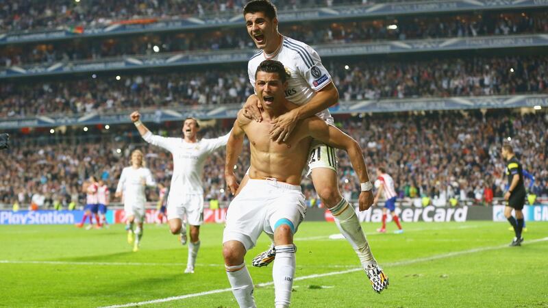 Ronaldo celebrates after scoring a late penalty in the 2014 Champions League final win for Real Madrid over Atlético Madrid. Photo: Matthew Lewis - UEFA/UEFA via Getty Images