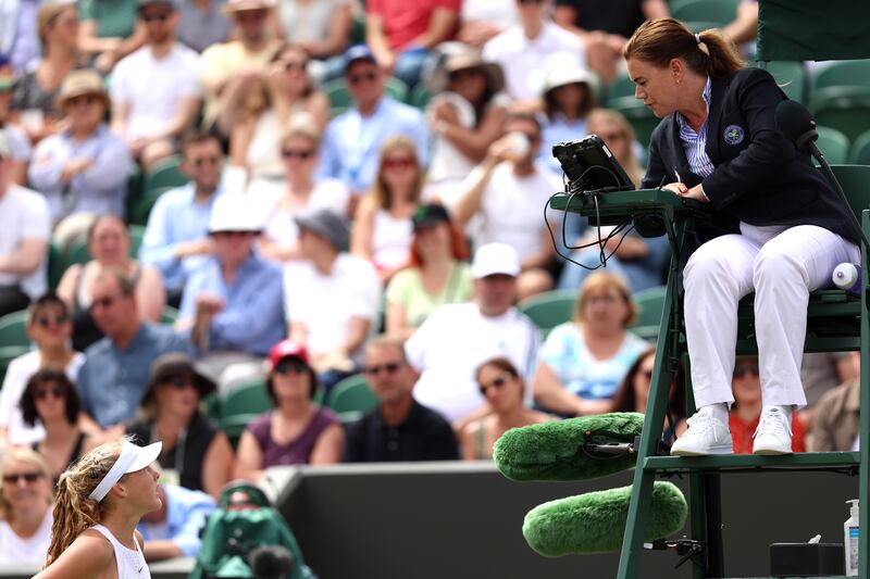 LONDON, ENGLAND - JULY 10: Mirra Andreeva interacts with the umpire against Madison Keys of United States in the Women's Singles fourth round match during day eight of The Championships Wimbledon 2023 at All England Lawn Tennis and Croquet Club on July 10, 2023 in London, England. (Photo by Clive Brunskill/Getty Images)