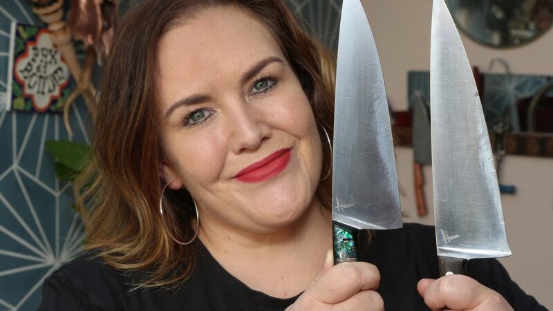 Jess Murphy at home in her kitchen with two of her collection of Fingal Ferguson kitchen knives. Photograph: Joe O’Shaughnessy
