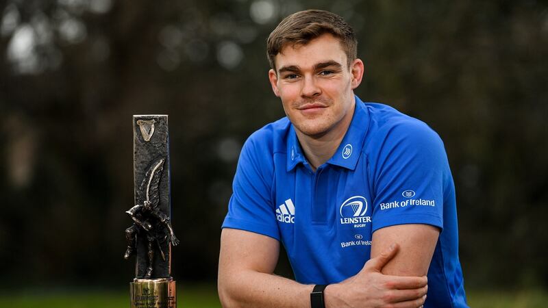 Garry Ringrose with his award after being named  Guinness Rugby Writers of Ireland Men’s Player of The Year. Photograph:   Ramsey Cardy/Sportsfile