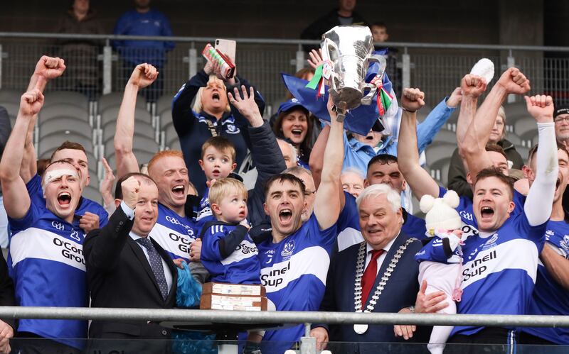 Sarsfields' Conor O'Sullivan lifts the cup after the victory over Midleton in the Cork SHC final at Páirc Uí Chaoimh. Photograph: Tom Maher/Inpho 