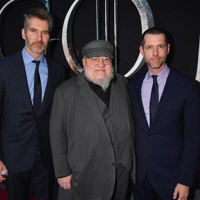George RR Martin with David Benioff and DB Weiss. Photograph: Jeff Kravitz/FilmMagic for HBO