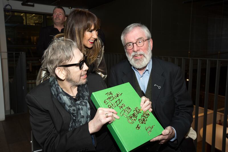 Shane MacGowan, Victoria Mary Clarke and Gerry Adams at the launch of MacGowan's book The Eternal Buzz and the Crock of Gold at Richard Corrigan's Park Café in Ballsbridge, Dublin on Tuesday. Photograph: Tony Gavin
