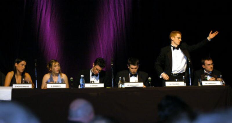 Mr Martin Collins, LIT DEB, NUIG, tries to make a point during The Irish Times Debate final 2004 at the Helix. Photograph: Moya Nolan